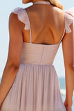 Candy Pink A Line Keyhole Chiffon Boho Maxi Bridesmaid Dress