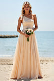 Apricot One Shoulder A Line Boho Maxi Bridesmaid Dress