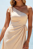 Apricot Sheath One Shoulder Ruched Boho Maxi Bridesmaid Dress with Slit