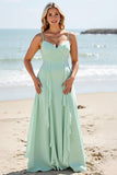 Mint Green Chiffon Plus Size Boho Maxi Bridesmaid Dress with Ruffles