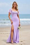 Lilac Chiffon Flutter Sleeves Boho Maxi Bridesmaid Dress with Slit