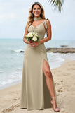 Olive Sheath Boho Maxi Bridesmaid Dress with Slit