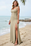 Olive Sheath Boho Maxi Bridesmaid Dress with Slit