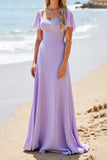 Lilac Flutter Sleeves A Line Boho Maxi Bridesmaid Dress