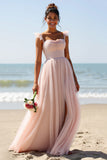 Maxi Candy Pink A Line Boho Bridesmaid Dress with Slit