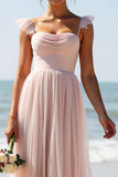 Maxi Candy Pink A Line Boho Bridesmaid Dress with Slit