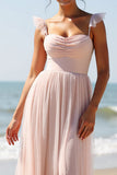 Maxi Candy Pink A Line Boho Bridesmaid Dress with Slit