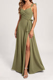 Olive A Line Ruffled Maxi Bridesmaid Dress with Slit