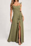 Olive A Line Ruffled Maxi Bridesmaid Dress with Slit