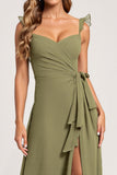 Olive A Line Ruffled Maxi Bridesmaid Dress with Slit
