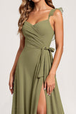 Olive A Line Ruffled Maxi Bridesmaid Dress with Slit
