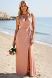 Blush Sheath V-Neck Ruched Boho Maxi Bridesmaid Dress with Strings