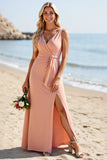 Blush Sheath V-Neck Ruched Boho Maxi Bridesmaid Dress with Strings