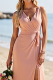 Blush Sheath V-Neck Ruched Boho Maxi Bridesmaid Dress with Strings