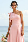 Blush One Shoulder Boho Maxi Bridesmaid Dress with Ruffles