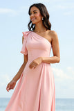 Blush One Shoulder Boho Maxi Bridesmaid Dress with Ruffles
