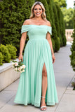 Mint Green A-Line Chiffon Plus Size Maxi Bridesmaid Dress with Slit