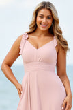 Candy Pink Chiffon V-Neck Boho Maxi Bridesmaid Dress with Slit