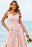 Candy Pink Chiffon V-Neck Boho Maxi Bridesmaid Dress with Slit