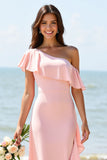 Maxi Candy Pink Sheath Boho Bridesmaid Dress with Ruffles