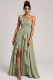 A Line Chiffon Dusty Sage Ruffled Maxi Bridesmaid Dress with Slit