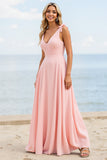 Candy Pink V Neck Boho Maxi Bridesmaid Dress with Bows
