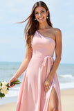 Maxi One Shoulder Candy Pink Chiffon Boho Bridesmaid Dress with Slit