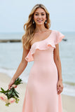 Candy Pink Boho Maxi One Shoulder Bridesmaid Dress with Ruffles