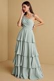 Sage Green Chiffon Tiered Boho A Line Bridesmaid Dress with Ruffles