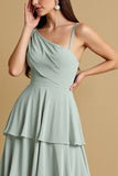 Sage Green Chiffon Tiered Boho A Line Bridesmaid Dress with Ruffles