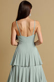 Maxi One Shoulder Tiered Sage Green Bridesmaid Dress with Ruffles