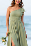 One Shoulder Chiffon Dusty Sage A Line Boho Bridesmaid Dress with Slit
