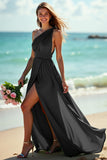 Maxi Green One Shoulder Ruched Boho Bridesmaid Dress with Slit