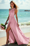 Maxi Green One Shoulder Ruched Boho Bridesmaid Dress with Slit