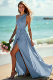 Maxi Green One Shoulder Ruched Boho Bridesmaid Dress with Slit