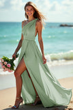 Navy One Shoulder Ruched Maxi Bridesmaid Dress with Slit