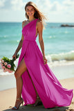 Maxi Green One Shoulder Ruched Boho Bridesmaid Dress with Slit