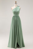 Green One Shoulder Boho Long Chiffon Bridesmaid Dress with Slit