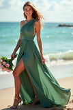 Maxi Green One Shoulder Ruched Boho Bridesmaid Dress with Slit