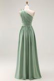 Green One Shoulder Boho Long Chiffon Bridesmaid Dress with Slit