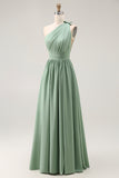 Green One Shoulder Boho Long Chiffon Bridesmaid Dress with Slit