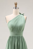 Green One Shoulder Boho Long Chiffon Bridesmaid Dress with Slit