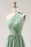 Green One Shoulder Boho Long Chiffon Bridesmaid Dress with Slit
