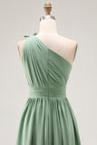 Green One Shoulder Boho Long Chiffon Bridesmaid Dress with Slit