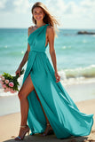 Navy One Shoulder Ruched Maxi Bridesmaid Dress with Slit