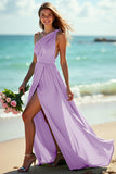 Navy One Shoulder Ruched Maxi Bridesmaid Dress with Slit