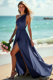 Navy One Shoulder Ruched Maxi Bridesmaid Dress with Slit
