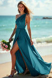 Navy One Shoulder Ruched Maxi Bridesmaid Dress with Slit