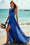 Navy One Shoulder Ruched Maxi Bridesmaid Dress with Slit
