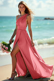Navy One Shoulder Ruched Maxi Bridesmaid Dress with Slit